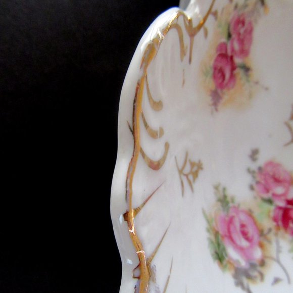 White porcelain gold trimmed 3 section candy or bon bon dish -lavender roses - Picture 6 of 10